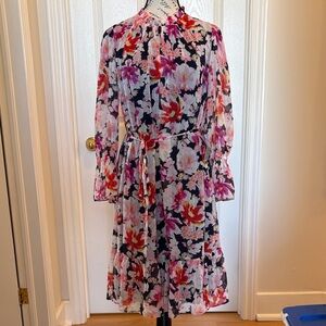 Maggy London Navy Floral Long-Sleeve Midi Dress with Pink and Red Blooms